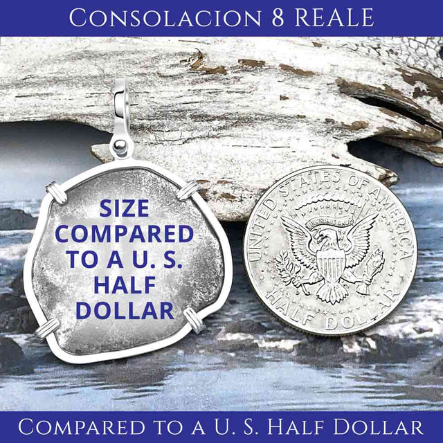 Consolacion pendant size comparison to a US fifty cent piece