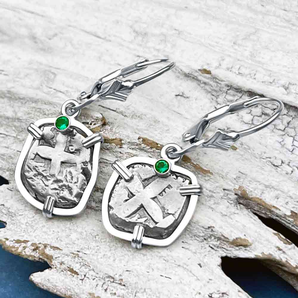 Rimac River "Good Luck" Spanish 1/2 Reale "Piece of Eight" Sterling Silver with Emerald Earrings
