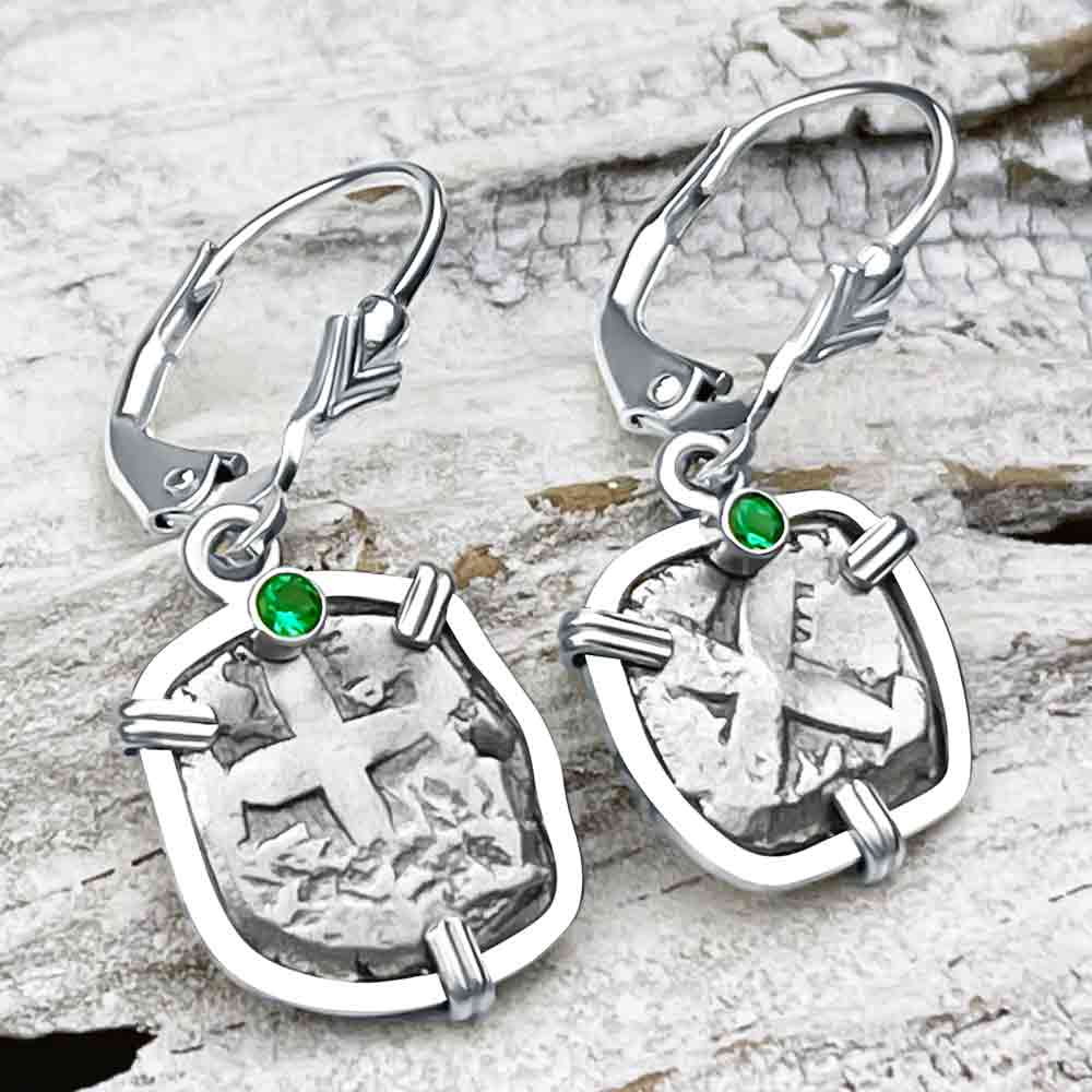 Rimac River "Good Luck" Spanish 1/2 Reale "Piece of Eight" Sterling Silver with Emerald Earrings
