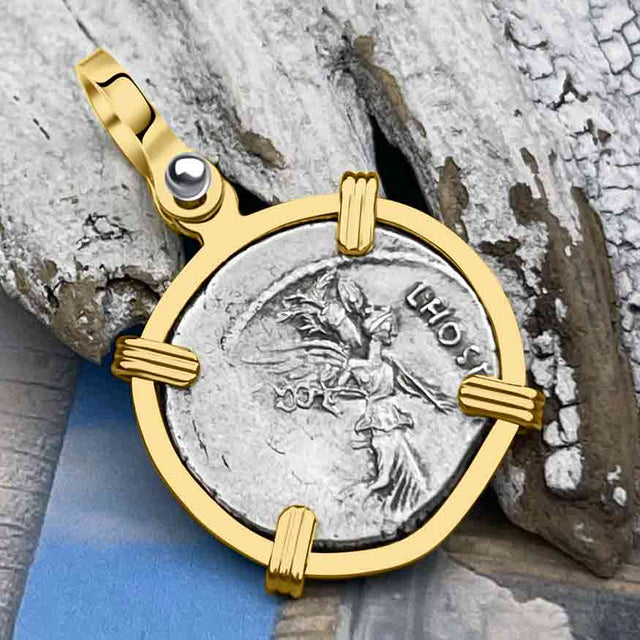 Roman Republic Silver Denarius 48 BC Pietas & Victory 14K Gold Pendant