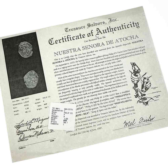 Vintage original official Mel Fisher Treasure Salvors Inc embossed seal certificate of authenticity