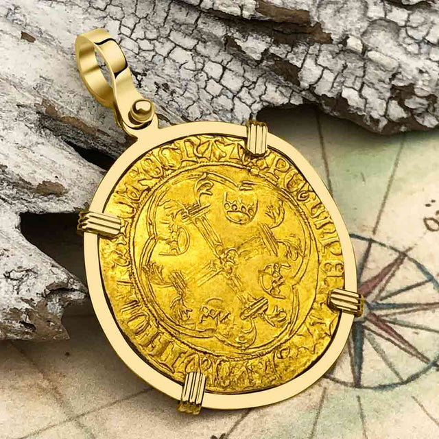 Medieval France Royal 22K Gold Ecu d'or Cross Coin of Louis XI circa 1470 in an 18K Gold Pendant