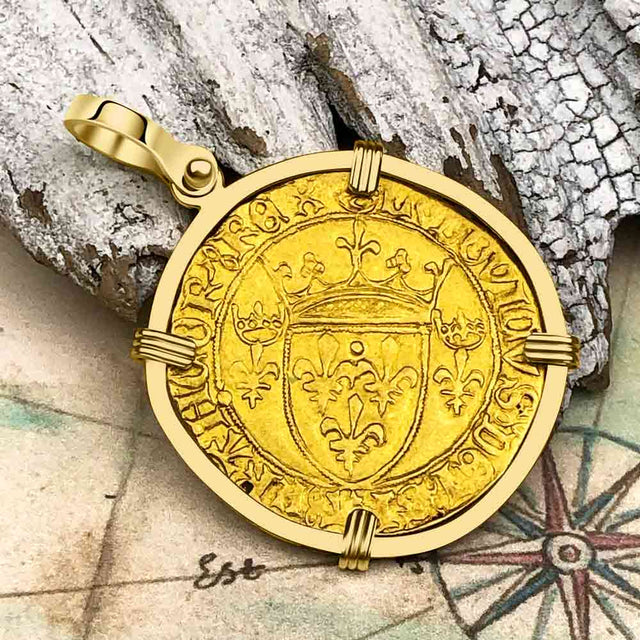 Medieval France Royal 22K Gold Ecu d'or Cross Coin of Louis XI circa 1470 in an 18K Gold Pendant