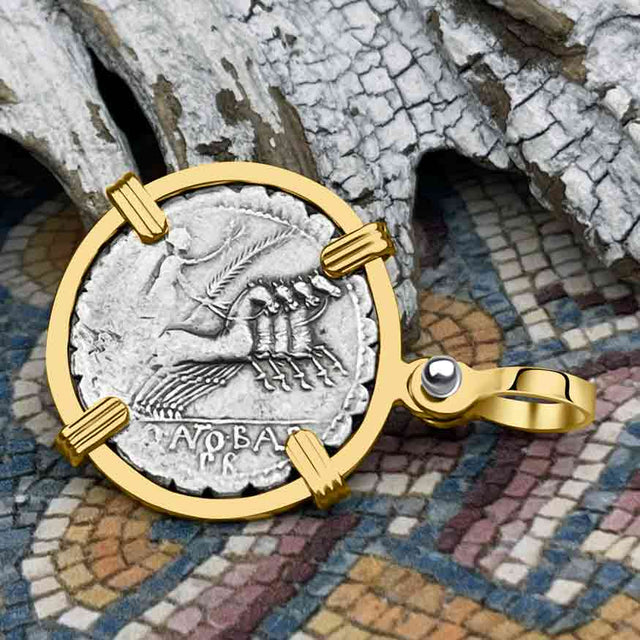 Roman Republic Silver Denarius Serratus 82 BC Jupiter & Victory 14K Gold Pendant