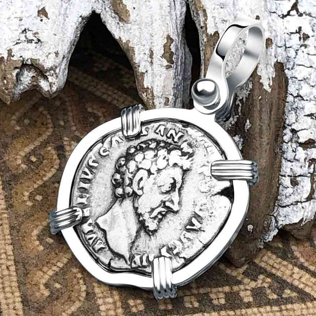 Roman Empire Silver Denarius Coin of Marcus Aurelius, the Philosopher Warrior 157 AD Sterling Silver Pendant