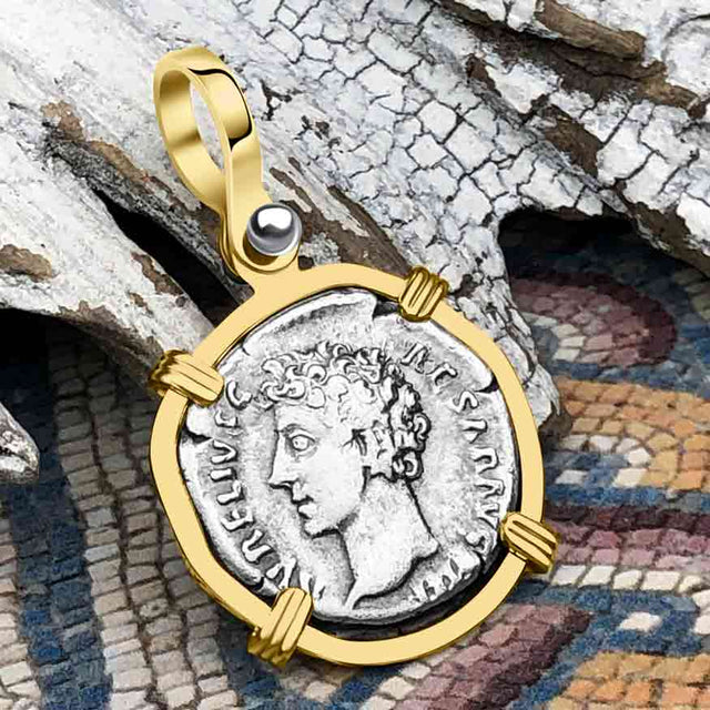Roman Empire Silver Denarius Coin of Marcus Aurelius, the Philosopher Warrior 145 AD 14K Gold Pendant
