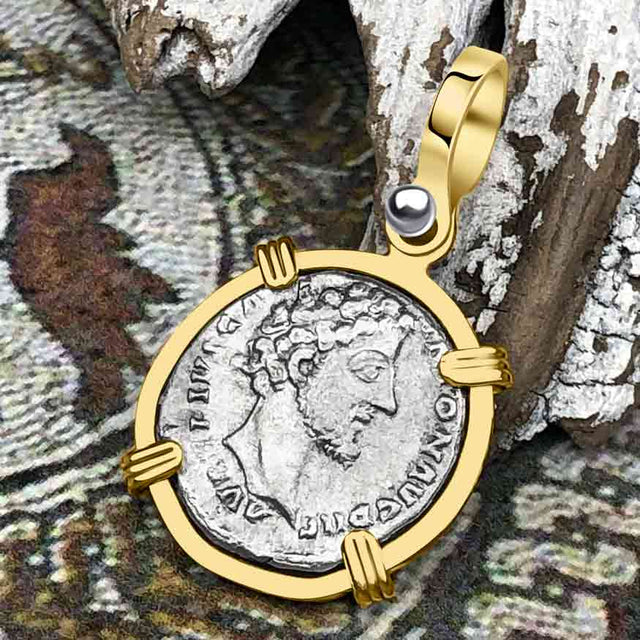 Roman Empire Silver Denarius Coin of Marcus Aurelius, the Philosopher Warrior 155 AD 14K Gold Pendant