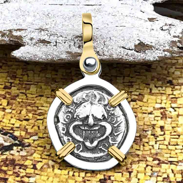 Ancient Greek Gorgon & Anchor Symbols of Protection & Hope Silver Drachm 400 BC 14K Gold and Sterling Silver Pendant