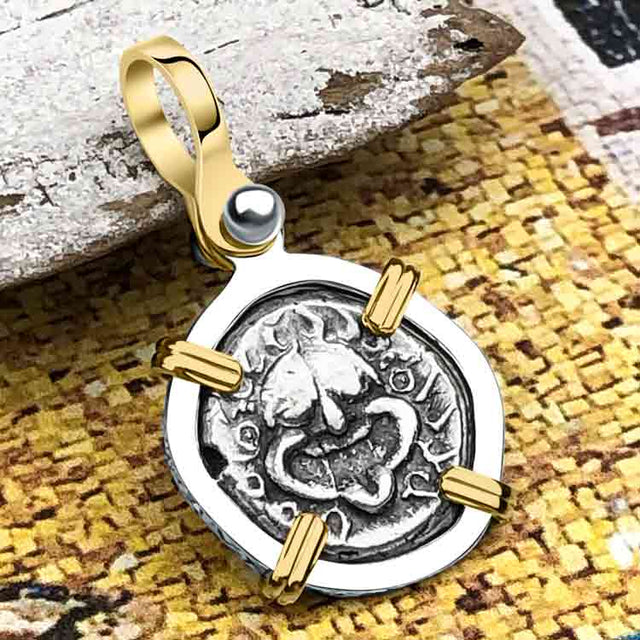 Ancient Greek Gorgon & Anchor Symbols of Protection & Hope Silver Drachm 400 BC 14K Gold and Sterling Silver Pendant