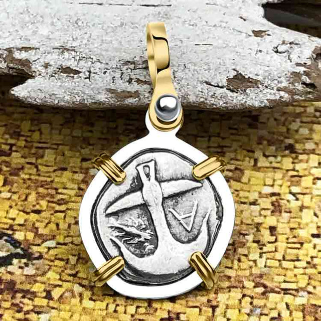 Ancient Greek Gorgon & Anchor Symbols of Protection & Hope Silver Drachm 400 BC 14K Gold and Sterling Silver Pendant