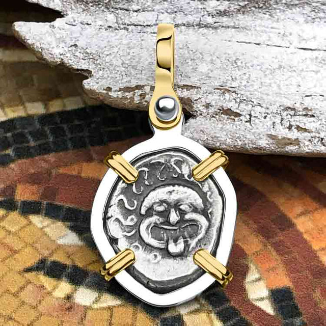 Ancient Greek Gorgon & Anchor Symbols of Protection & Hope Silver Drachm 400 BC 14K Gold and Sterling Silver Pendant