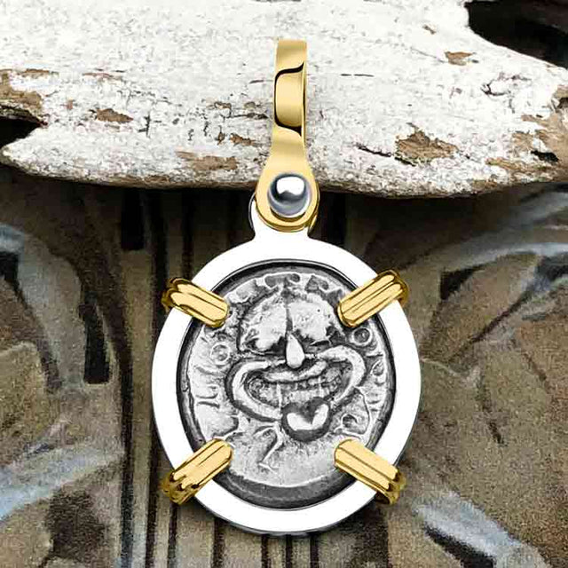 Ancient Greek Gorgon & Anchor Symbols of Protection & Hope Silver Drachm 400 BC 14K Gold and Sterling Silver Pendant