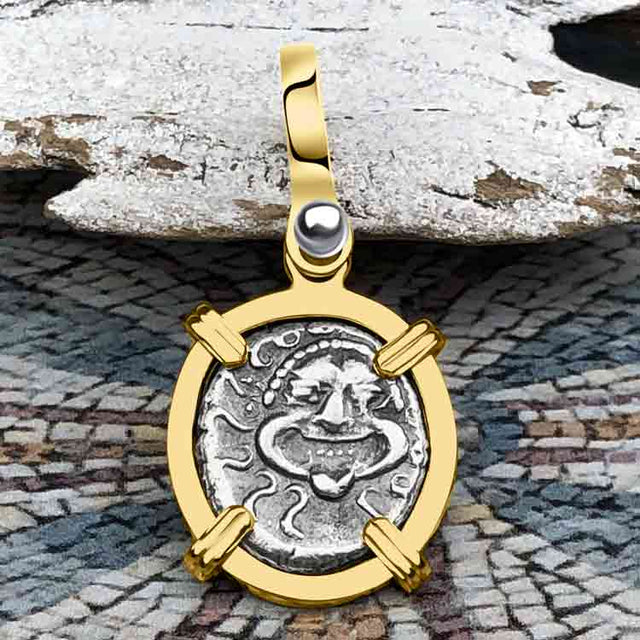Ancient Greek Gorgon & Anchor Symbols of Protection & Hope Silver Drachm 400 BC 14K Gold Pendant