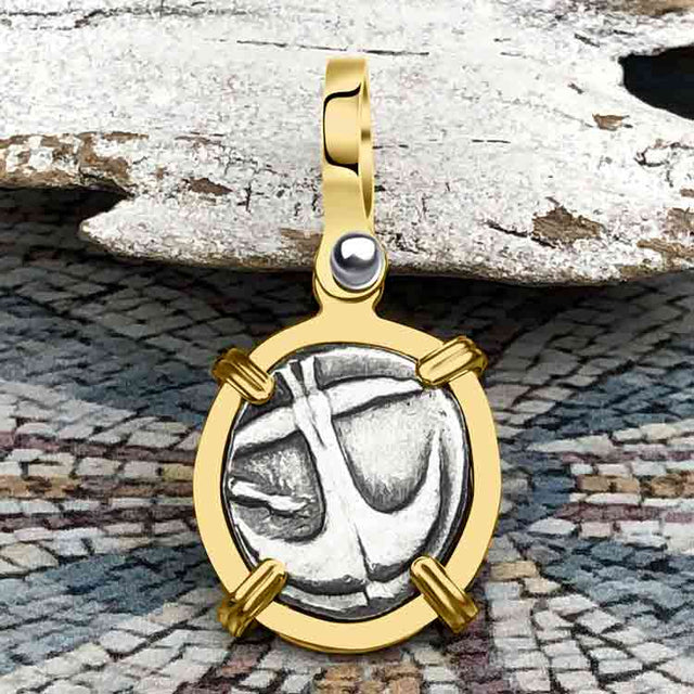 Ancient Greek Gorgon & Anchor Symbols of Protection & Hope Silver Drachm 400 BC 14K Gold Pendant