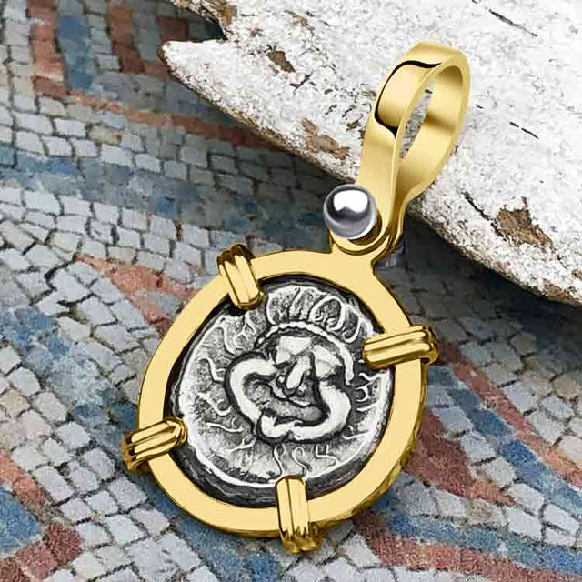 Ancient Greek Gorgon & Anchor Symbols of Protection & Hope Silver Drachm 400 BC 14K Gold Pendant