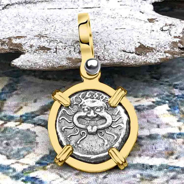Ancient Greek Gorgon & Anchor Symbols of Protection & Hope Silver Drachm 400 BC 14K Gold Pendant