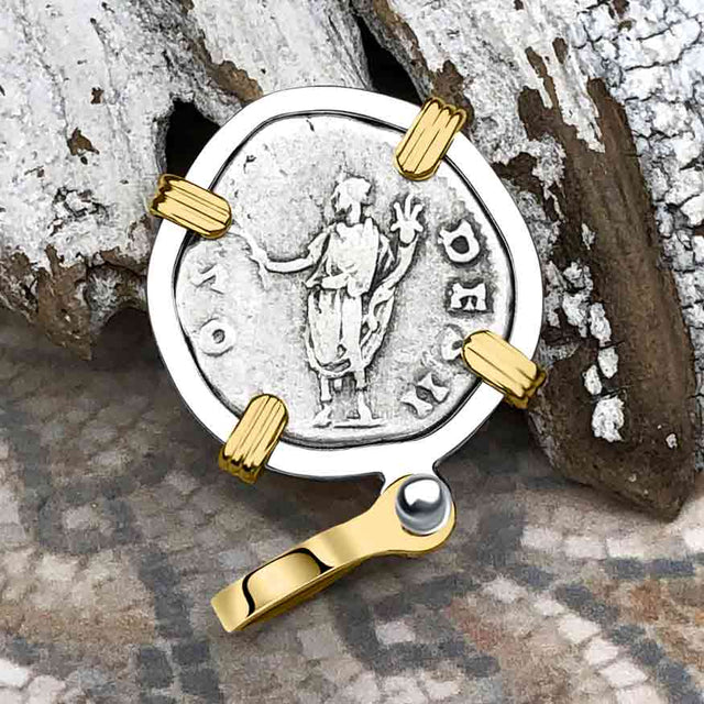 Roman Empire Silver Denarius Coin of Marcus Aurelius, the Philosopher Warrior 145 AD 14K Gold and Sterling Silver Pendant
