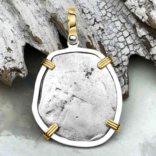 Pirate Era Circa 1670 Spanish 2 Reale Cob Piece of 8 14K Gold and Sterling Silver Pendant