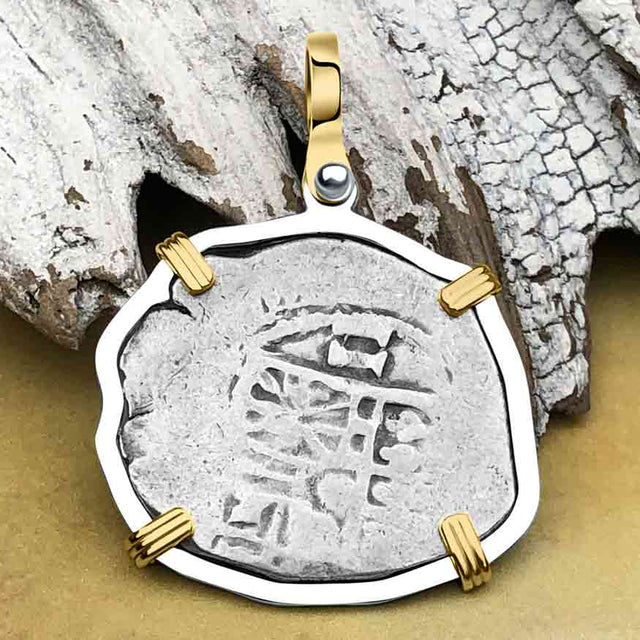 Pirate Era Circa 1670 Spanish 2 Reale Cob Piece of 8 14K Gold and Sterling Silver Pendant