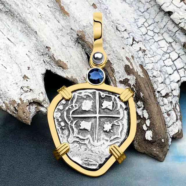 Heart Shaped Atocha Era Buried Spanish 1 Reale Piece of Eight 14K Gold and Blue Sapphire Pendant