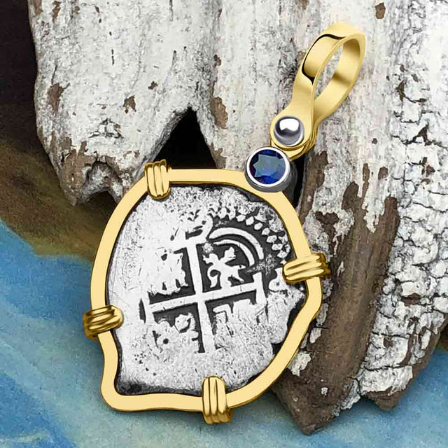 Heart Shaped Pirate Era 1665 Spanish 1 Reale Cob Piece of 8 14K Gold with Blue Sapphire Pendant