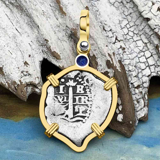 Heart Shaped Pirate Era 1665 Spanish 1 Reale Cob Piece of 8 14K Gold with Blue Sapphire Pendant