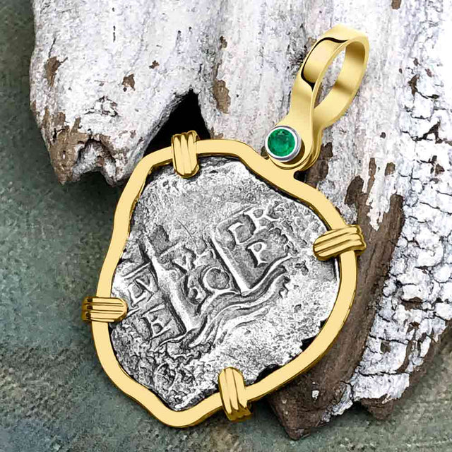 STUNNING Heart Shaped Pirate Era 1660 Spanish 1 Reale Cob Piece of 8 14K Gold with Emerald Pendant