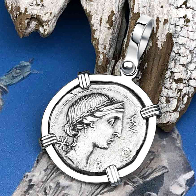 Roman Republic Silver Denarius 114 BC Roma & the Horseman 14K White Gold Pendant