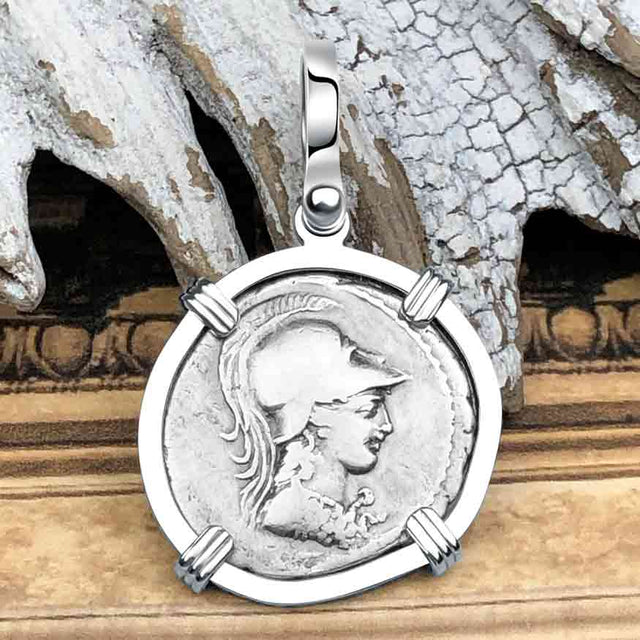 Roman Republic Silver Denarius 46 BC Minerva and Victory 14K White Gold Pendant
