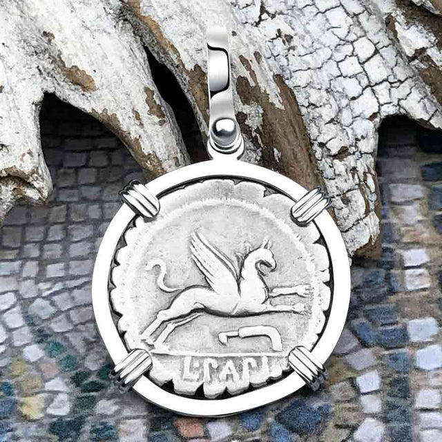 Roman Republic Silver Denarius 79 BC Juno and the Griffin 14K White Gold Pendant