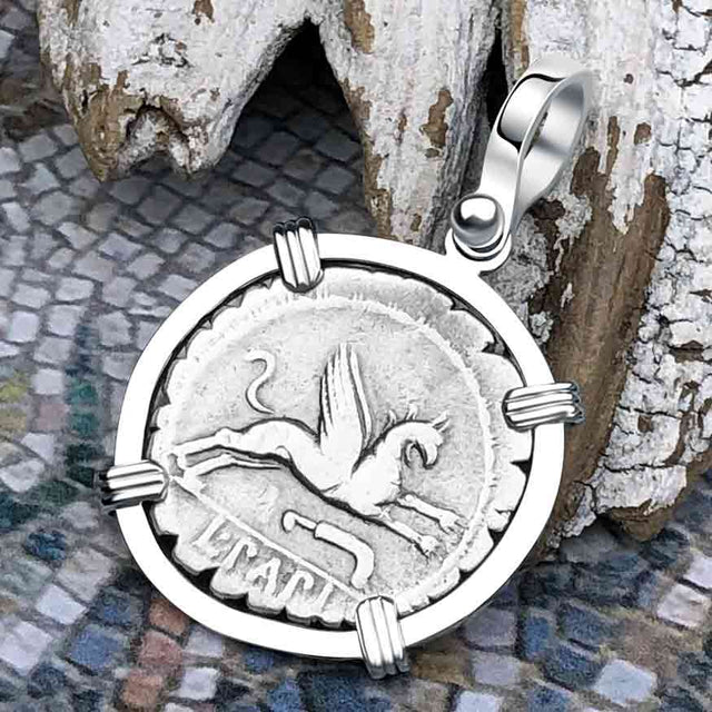 Roman Republic Silver Denarius 79 BC Juno and the Griffin 14K White Gold Pendant