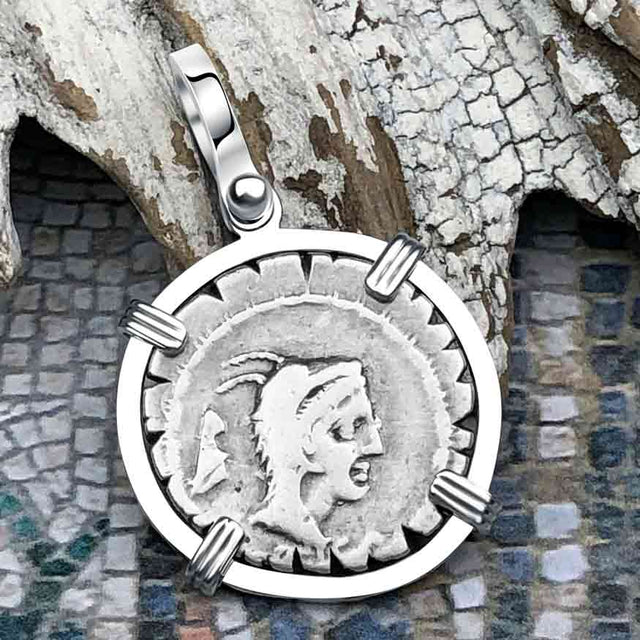 Roman Republic Silver Denarius 79 BC Juno and the Griffin 14K White Gold Pendant