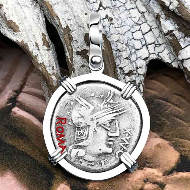 Roman Republic Silver Denarius 127 BC Roma & Abundance 14K White Gold Pendant