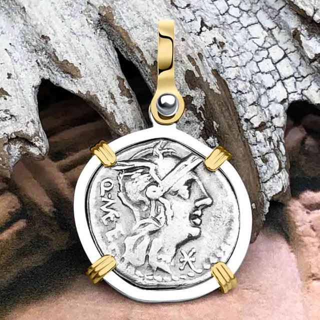 Roman Republic Silver Denarius 130 BC Jupiter and Roma 14K Gold and Sterling Silver Pendant