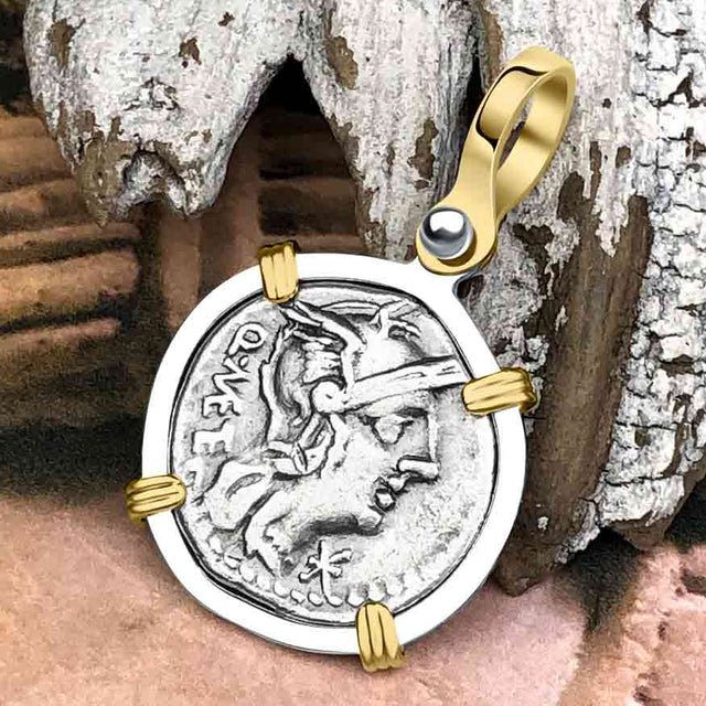 Roman Republic Silver Denarius 130 BC Jupiter and Roma 14K Gold and Sterling Silver Pendant