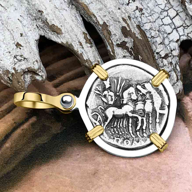 Roman Republic Silver Denarius 130 BC Jupiter and Roma 14K Gold and Sterling Silver Pendant