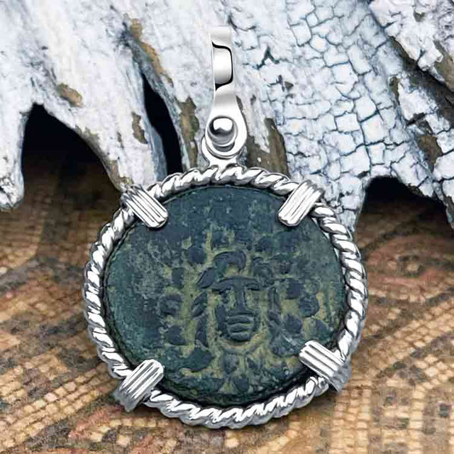 Ancient Greek Medusa & Nike Protection and Victory Bronze Coin 120 BC Sterling Silver Pendant