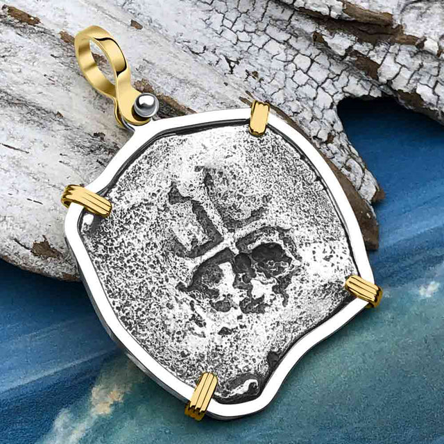 Concepcion Shipwreck 4 Reale Silver Piece of 8 14K Gold and Sterling Silver Pendant | Artifact #3542