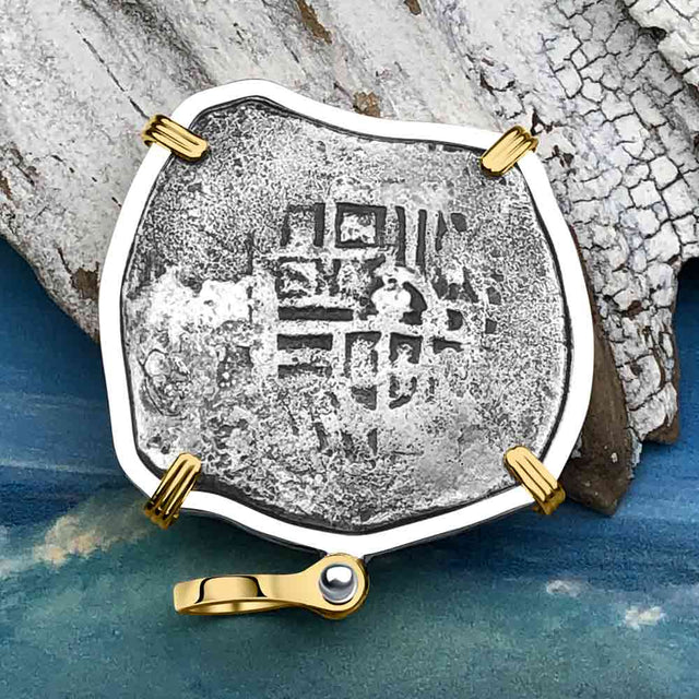 Concepcion Shipwreck 4 Reale Silver Piece of 8 14K Gold and Sterling Silver Pendant | Artifact #3542