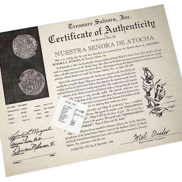 Original vintage collectable Mel Fisher embossed seal Treasure Salvors In Certificate of Authenticity