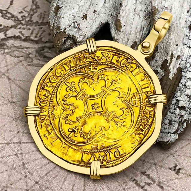 Medieval France Royal 22K Gold Ecu d'or Cross Coin of Charles VI circa 1380 in an 18K Gold Pendant