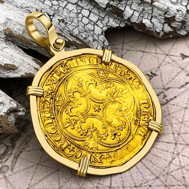 Medieval France Royal 22K Gold Ecu d'or Cross Coin of Charles VI circa 1380 in an 18K Gold Pendant