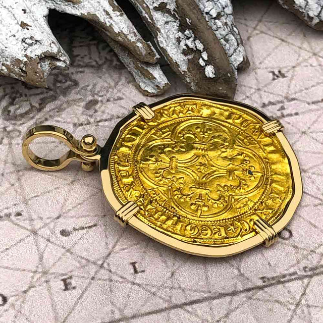 Medieval France Royal 22K Gold Ecu d'or Cross Coin of Charles VI circa 1380 in an 18K Gold Pendant