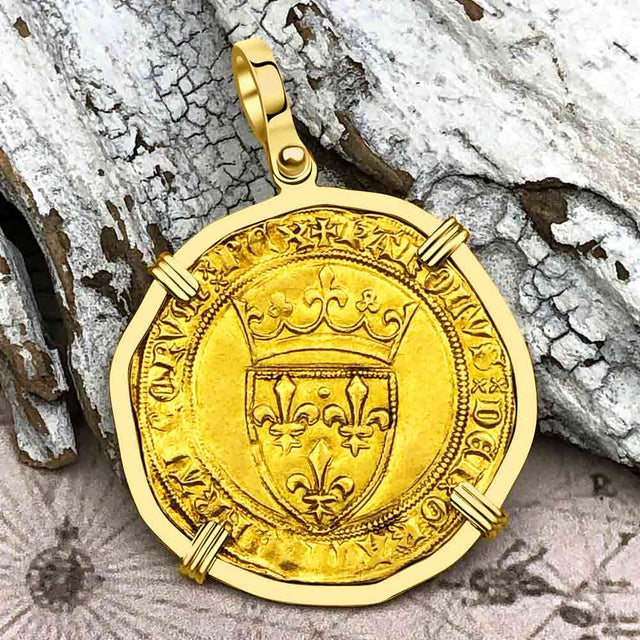 Medieval France Royal 22K Gold Ecu d'or Cross Coin of Charles VI circa 1380 in an 18K Gold Pendant