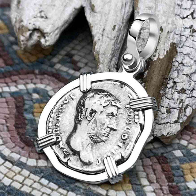 Roman Empire Silver Denarius Coin of Hadrian, the Builder 130 AD Sterling Silver Pendant