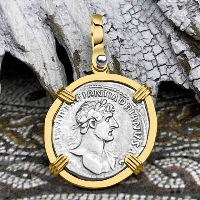 Roman Empire Silver Denarius Coin of Hadrian, the Builder 118 AD 14K Gold Pendant