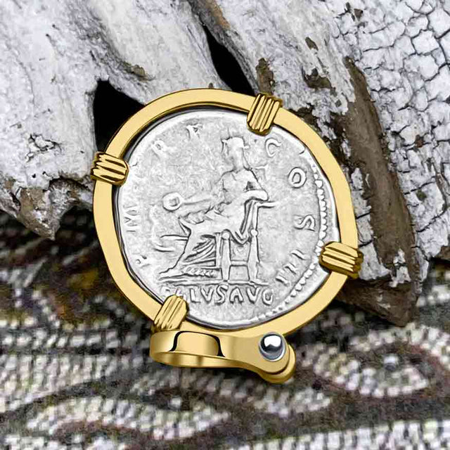 Roman Empire Silver Denarius Coin of Hadrian, the Builder 118 AD 14K Gold Pendant