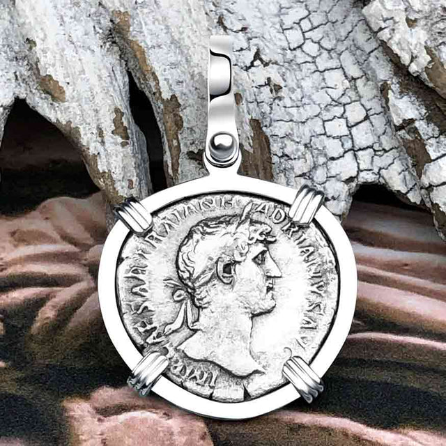 Roman Empire Silver Denarius Coin of Hadrian, the Builder 120 AD 14K White Gold Pendant