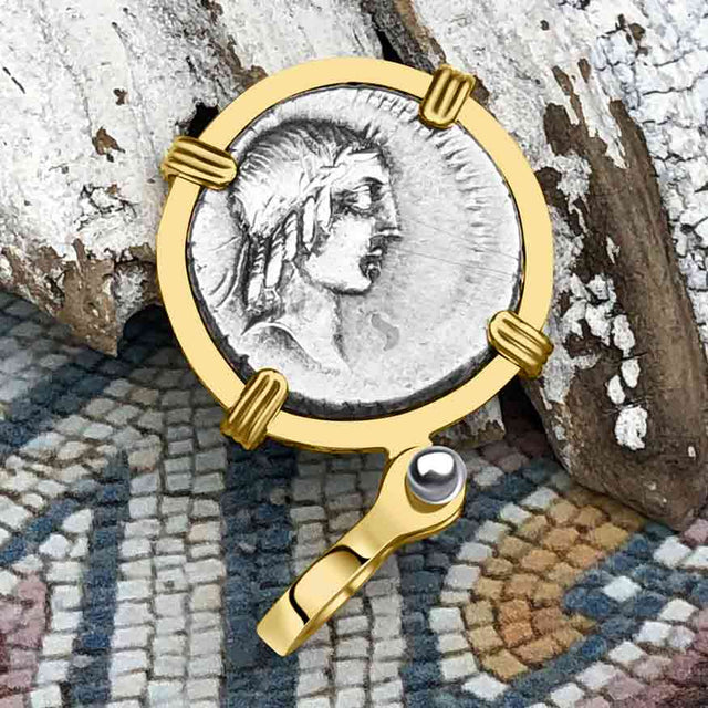 Roman Republic Silver Denarius 90 BC Apollo and the Horseman Coin 14K Gold Pendant