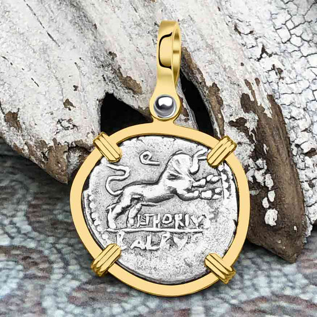 Roman Republic Silver Denarius 105 BC Juno and the Bull 14K Gold Pendant | Artifact #3795